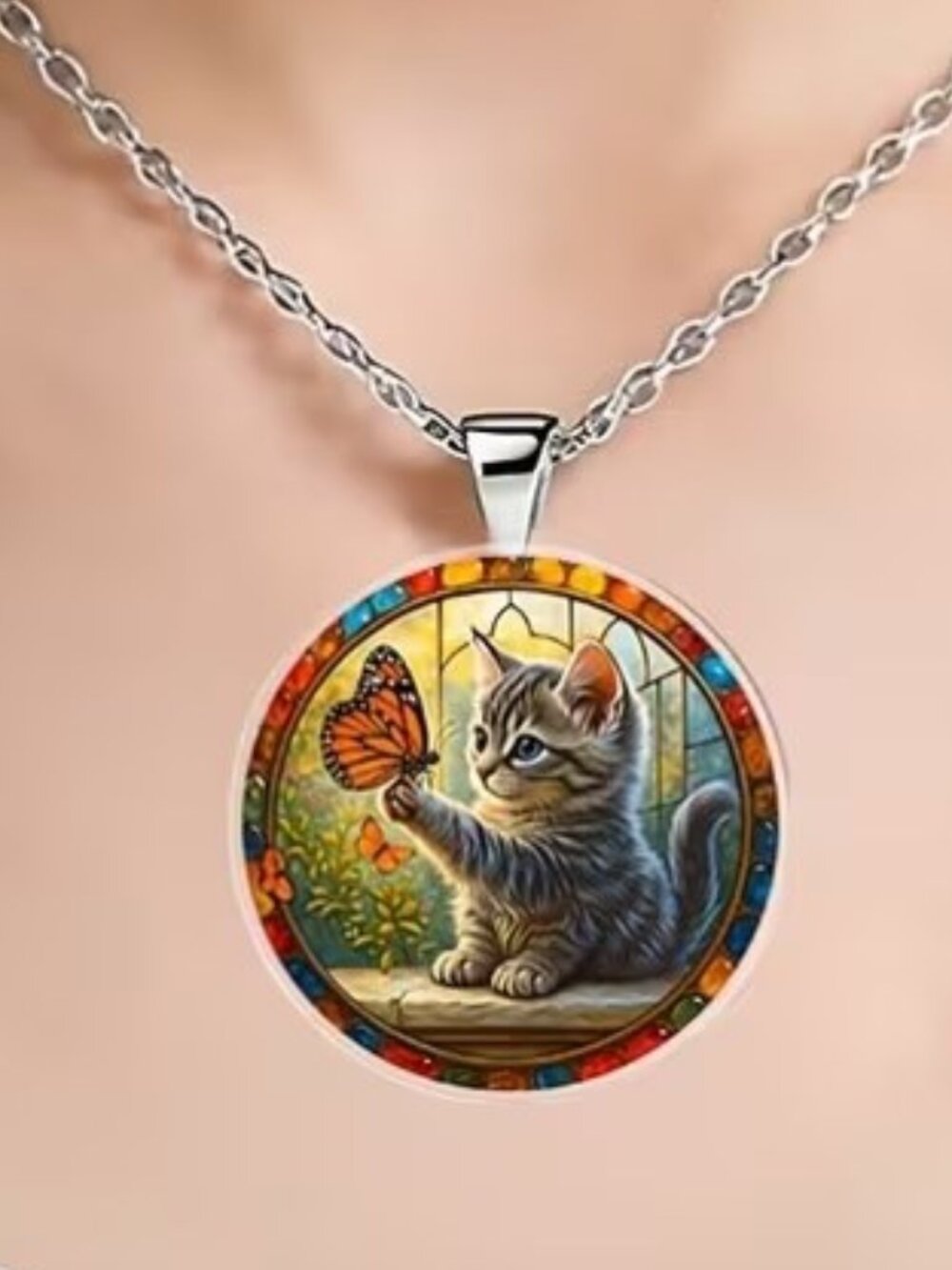 Round Acrylic KITTY CAT Pendant Necklace